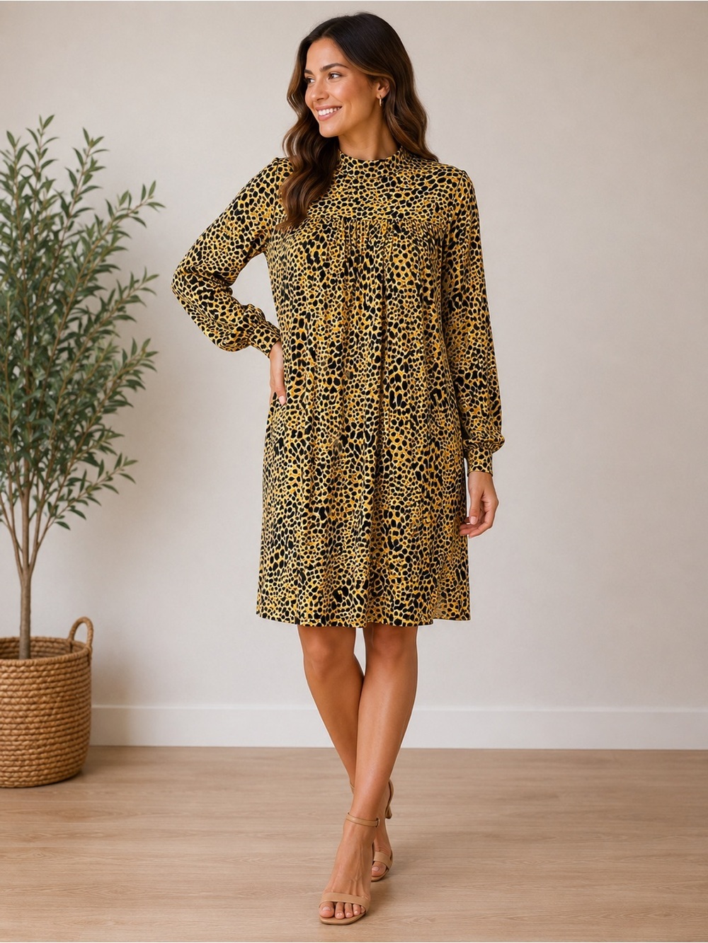Women's Topshop Yellow Animal Print Midi Dress β Size 8 β Altered Hem
